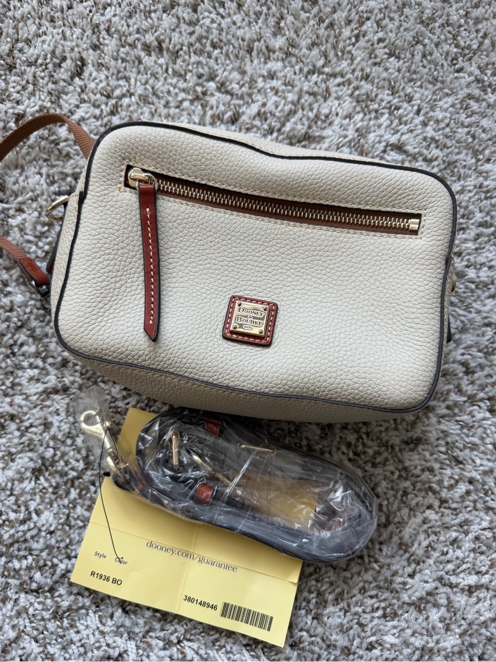 Dooney & Bourke Cream Pebble Leather Crossbody with Brown Trim